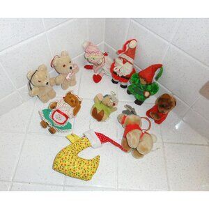 Vintage Christmas Ornament Lot of 10 Plush Animals bear Santa elf kitsch